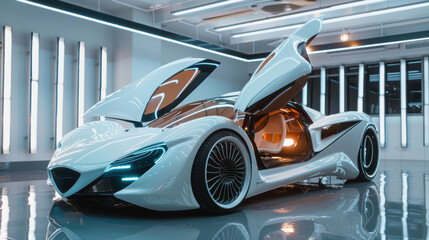 Obraz premium Futuristic Concept Car with Gullwing Doors in Modern Showroom Lighting
