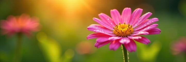 Obraz premium Gentle morning dew glistens on a newly opened pink daisy, fresh, sun
