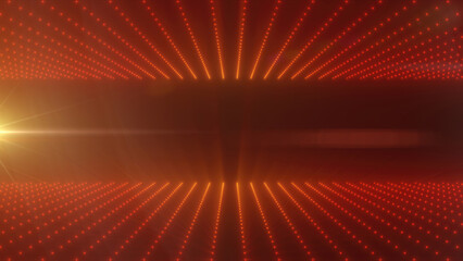 Abstract futuristic grid with red glowing points and golden light source, depicting digital technology and data visualization concepts