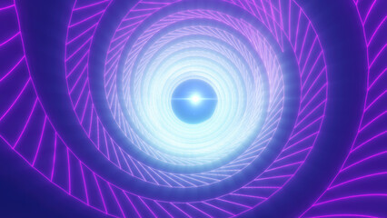 Vibrant purple and pink wireframe tunnel leading to a central glowing sphere, representing digital technology, futuristic design, and innovation background