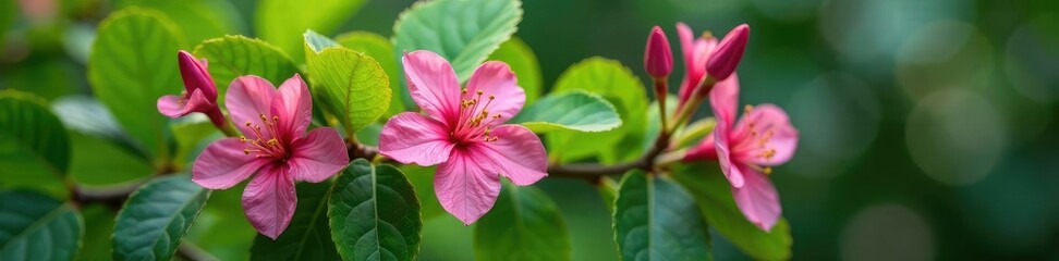 Fragrant pink flowers on a glossy green leafy branch, leaves, evergreen