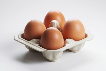 Four brown eggs nestled in a recycled cardboard egg carton against a white backdrop.