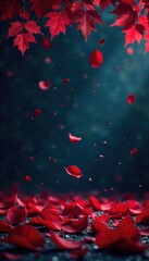 Deep crimson rose petals gently fall onto dark night sky, red, velvet, autumn leaves