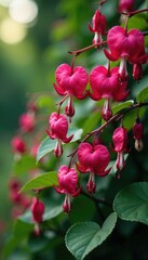 Colorful bleeding heart flowers in full bloom, foliage, colorful