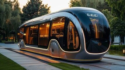 A futuristic electric bus with a sleek, eco-friendly design inspires with insects, featuring solar panels on the roof.