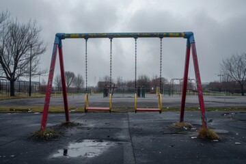 Lonely Playground Scene Under Overcast Sky - Emotive Urban Space for Design