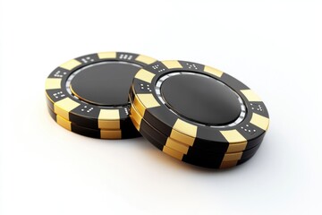 Close-up of two black and gold poker chips on a white background, perfect for use in gaming or entertainment-related contexts
