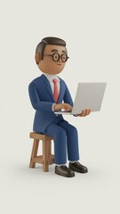 A 3D cartoon businessman wearing a suit and glasses is sitting on a stool and using a laptop.