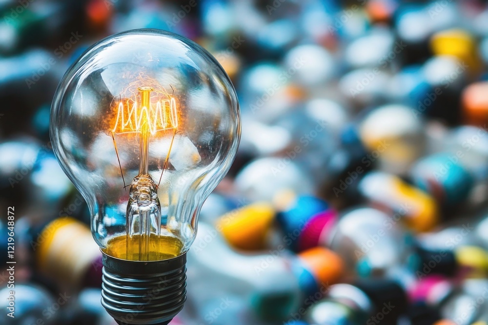 Poster a crowd of people surrounding a single light bulb, with no additional context