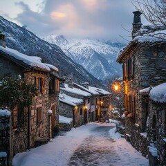 Fototapeta premium A tranquil village street is blanketed in snow, with warmly lit houses lining the path, set against the majestic backdrop of towering snow-capped mountains at dusk.