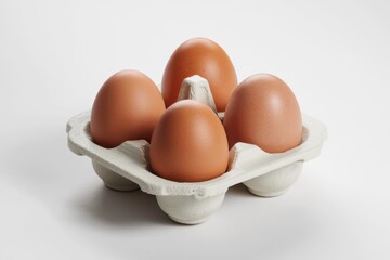 Four brown eggs nestled in a cardboard carton, a common breakfast staple.
