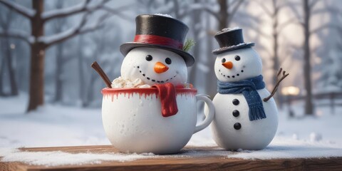 Obraz premium Hand-drawn snowman enjoying hot chocolate on a cold winter day, festive atmosphere, cozy winter