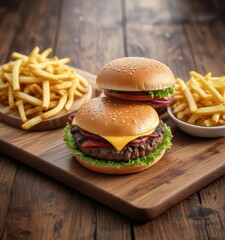 Hamburger on a wooden table with a side of fries, burger, decor