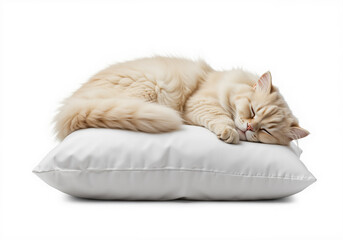 Cat sleeping on a soft fluffy pillow - isolated on white