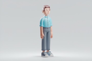 A 3D cartoon man with brown hair wearing a blue shirt  gray pants and white sneakers.