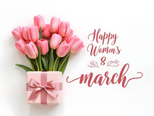 March 8. Women's Day greeting card. Text March 8 on the background of pink tulips and a gift box with a ribbon on a white background. Stylish gentle image. Handwritten inscription, bouquets of beautif