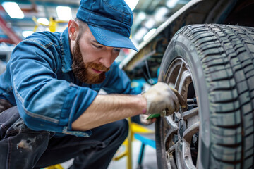 Mechanic Conducts Tire Depth Inspection with Precision in Well-Lit Automotive Workshop