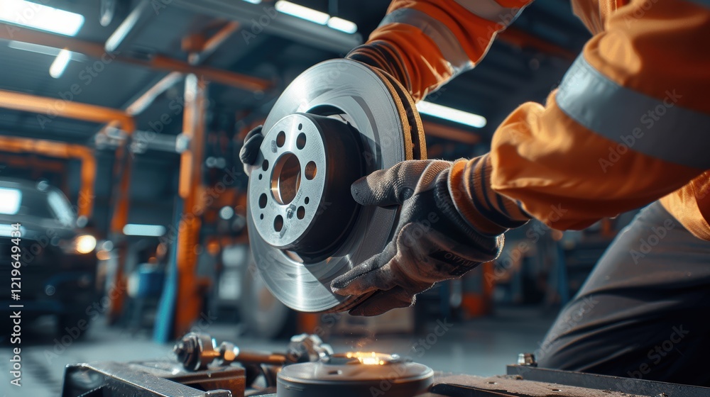 Poster mechanic resolving brake pad issues in a modern garage setting for automotive maintenance design