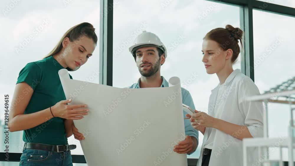 Poster professional architect engineer team talking, sharing, brainstorming about design while manager hold