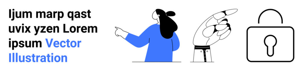 Woman in blue pointing, large hand gesturing, and padlock symbol. Ideal for tech, security, education, advertising, presentations, online tutorials, and infographics. Banner for landing page