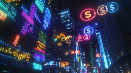 Layered projections of currency symbols and graphs float above the skyline documenting the intricacies of a digital economy as neon lights pulse rhythmically in the distance.