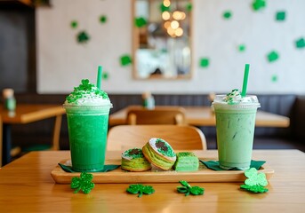 St. patrick's day drinks and desserts in a festive cafe setting