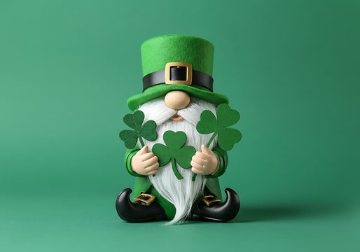 St. patrick's day gnome holding shamrocks in green hat and outfit