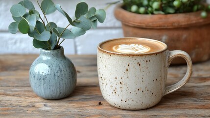 Cozy coffee cup with latte art beside a small vase of greenery on a rustic wooden table