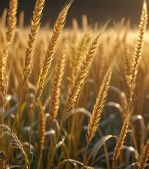 Fototapeta premium Golden wheat stalks swaying gently in the morning dew, plant life, floral texture, morning dew