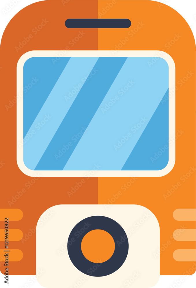 Poster this icon features a stylized orange train, emphasizing its front view, suitable for representing pu