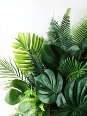 Obraz premium A vibrant collection of tropical leaves and exotic plants, showcasing lush green foliage in a stunning photorealistic style, perfect as a natural backdrop or innovative design element