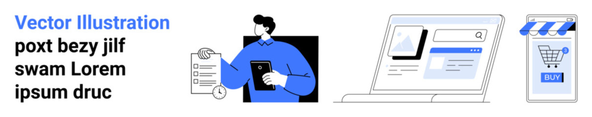 Man holding clipboard, webpage layout with laptop, mobile shopping app with cart icon. Ideal for ecommerce sites, online stores, digital marketing, product catalogs, mobile apps, user experience, web