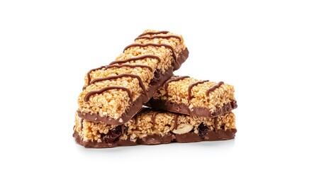 A stack of three granola bars coated with shiny chocolate placed against a bright white background