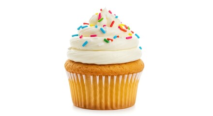 A single vanilla cupcake with a light golden brown base and a generous swirl of creamy white frosting on top