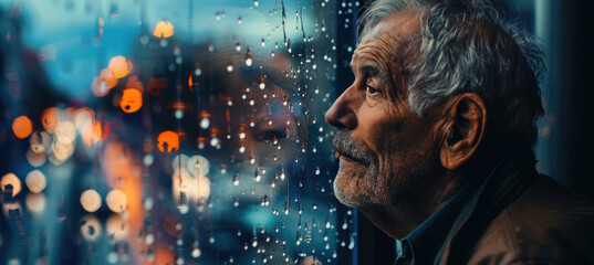 Reflective Senior Man Gazing at Rain-Soaked City from Window - Introspective Mood in Urban Setting