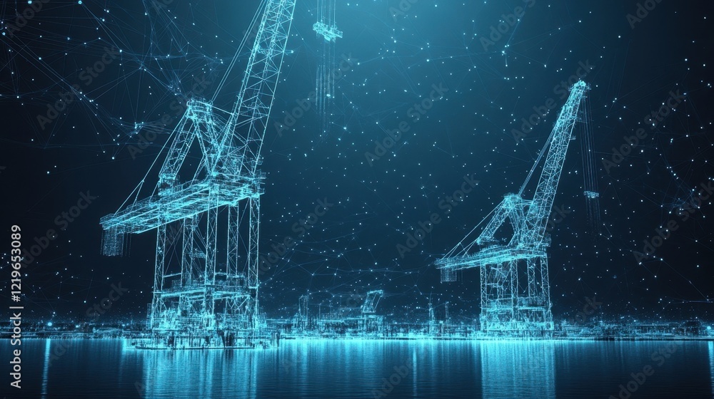 Poster low angle view of a futuristic port with cranes and network connections illuminating the night sky, 