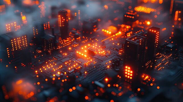 A serene, atmospheric landscape featuring high-voltage power lines and transmission towers against a moody sky.