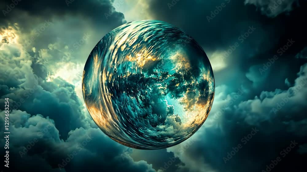 Poster surreal floating sphere amidst dramatic clouds creating a mystical atmosphere