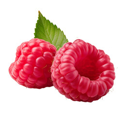 Ripe Raspberries: Two plump, vibrant red raspberries with a single green leaf, capturing the...