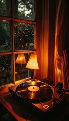 Cozy Nostalgia: Vintage Vinyl Record Playing in Warmly Lit Room for Relaxation and Retro Vibes