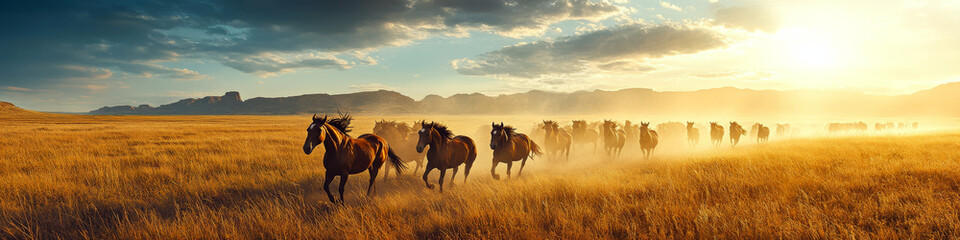 Horses run across a grassy plain under a cloudy sky with sunlight filtering through. Concept of freedom and nature. For wildlife and nature photography.