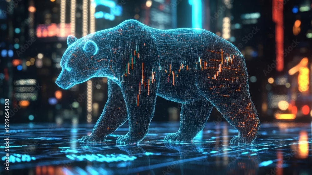 Poster glimmering bear outlines dance in alignment with flickering stock graphs casting reflections of unce