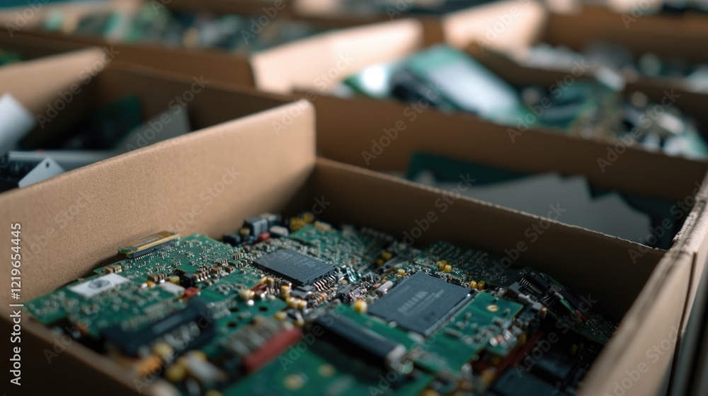 Aufkleber components and devices packed in a box, ideal for tech-related concepts or product showcases