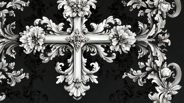 Intricate baroque pattern crosses over ornate floral background in seamless loop
