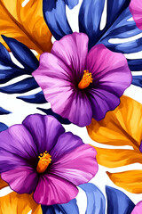 Vibrant Purple and Pink Hibiscus Flowers with Lush Tropical Leaves