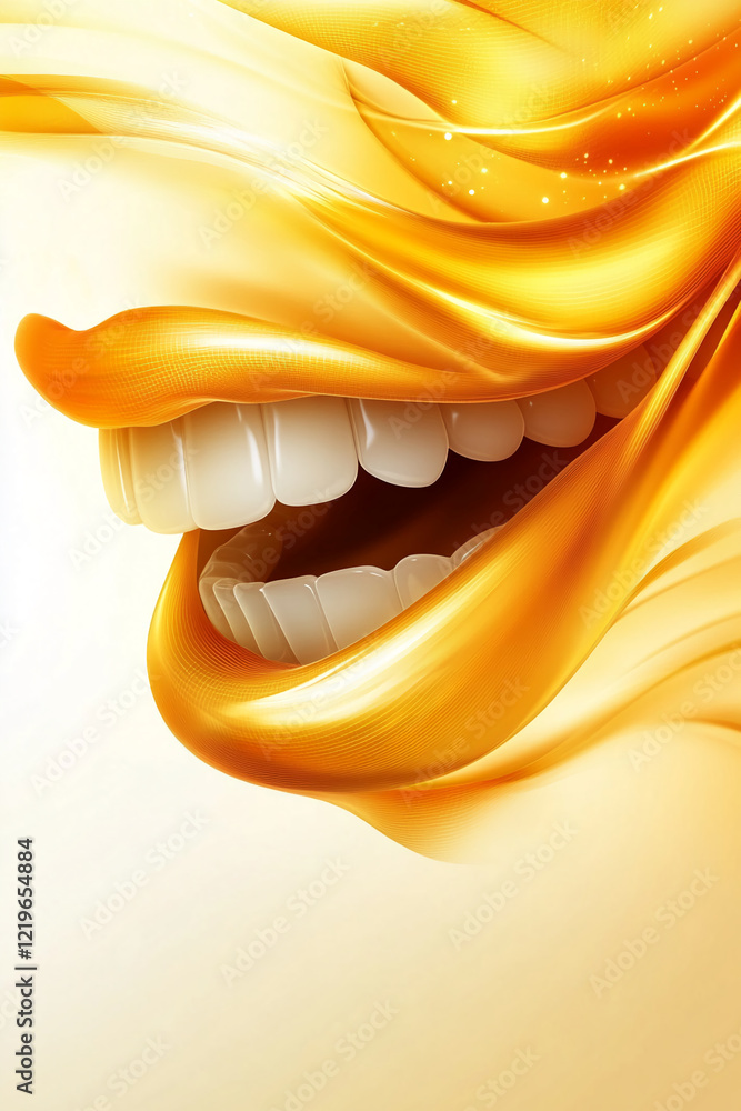 Poster abstract golden wave surrounding a smiling mouth with white teeth on a light background