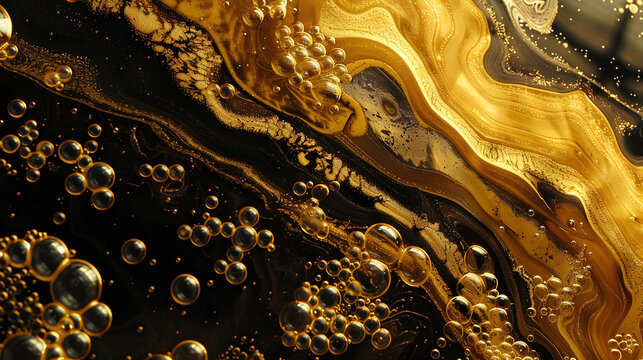 Luxurious gold and black inks meld together with bubbles, generative ai