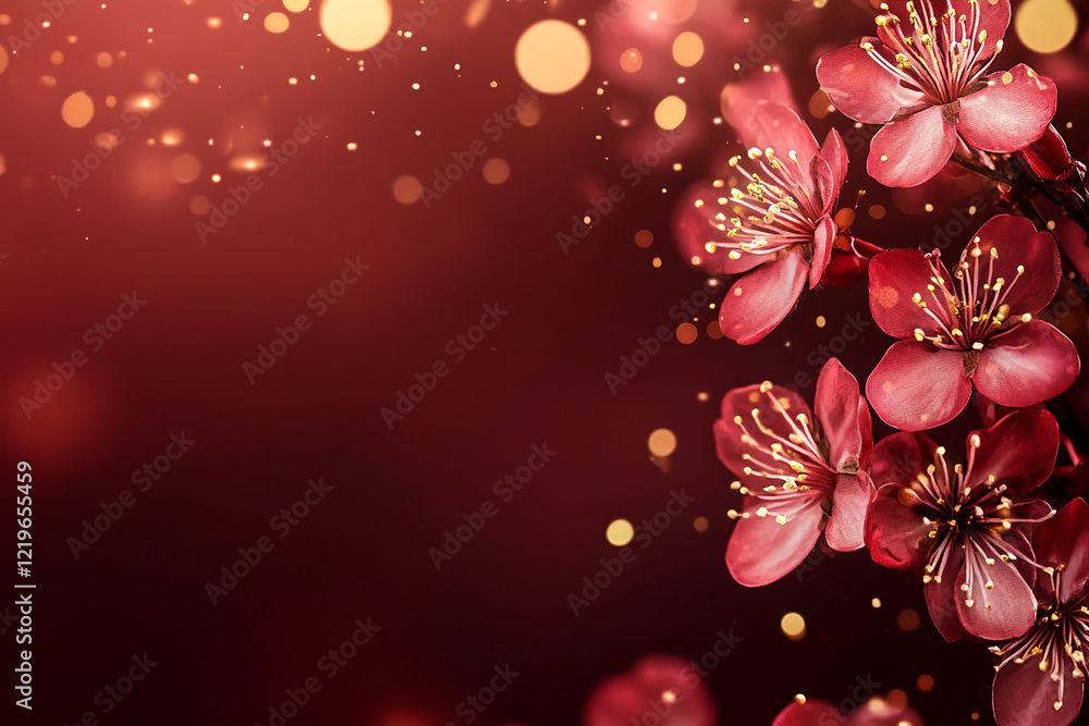 Poster vibrant red cherry blossoms with soft bokeh lights on a dark red background