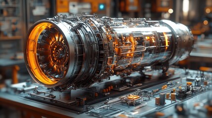 A highly detailed, 3D-rendered image of a rocket engine,