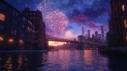 Fototapeta premium Fireworks over city bridge, nighttime scene